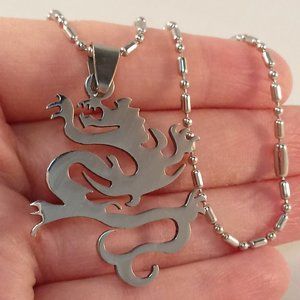 Mens Silver Stainless Steel Smooth Dragon Pendant Bamboo Chain Necklace Gorgeous